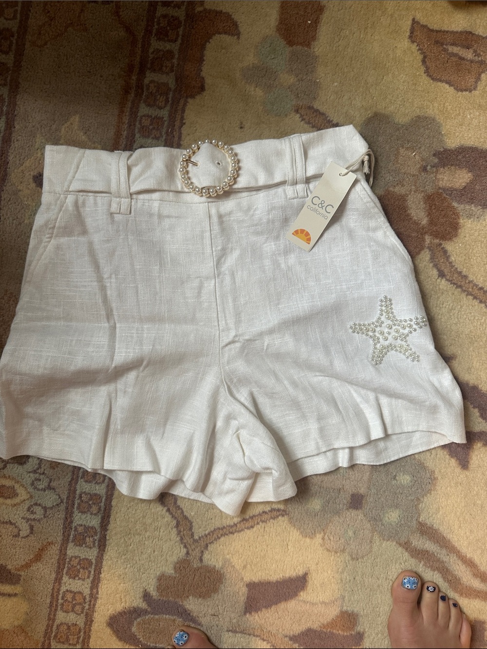 C&C California White Pearl-Embellished High-Waist Linen-Blend Shorts